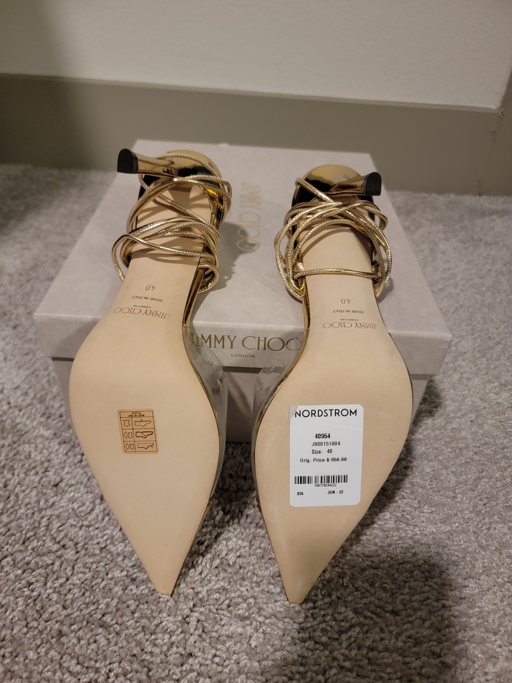 Jimmy Choo Farley Gold Pointed Toe Clear Lace-Up Pumps - Picture 2 of 7